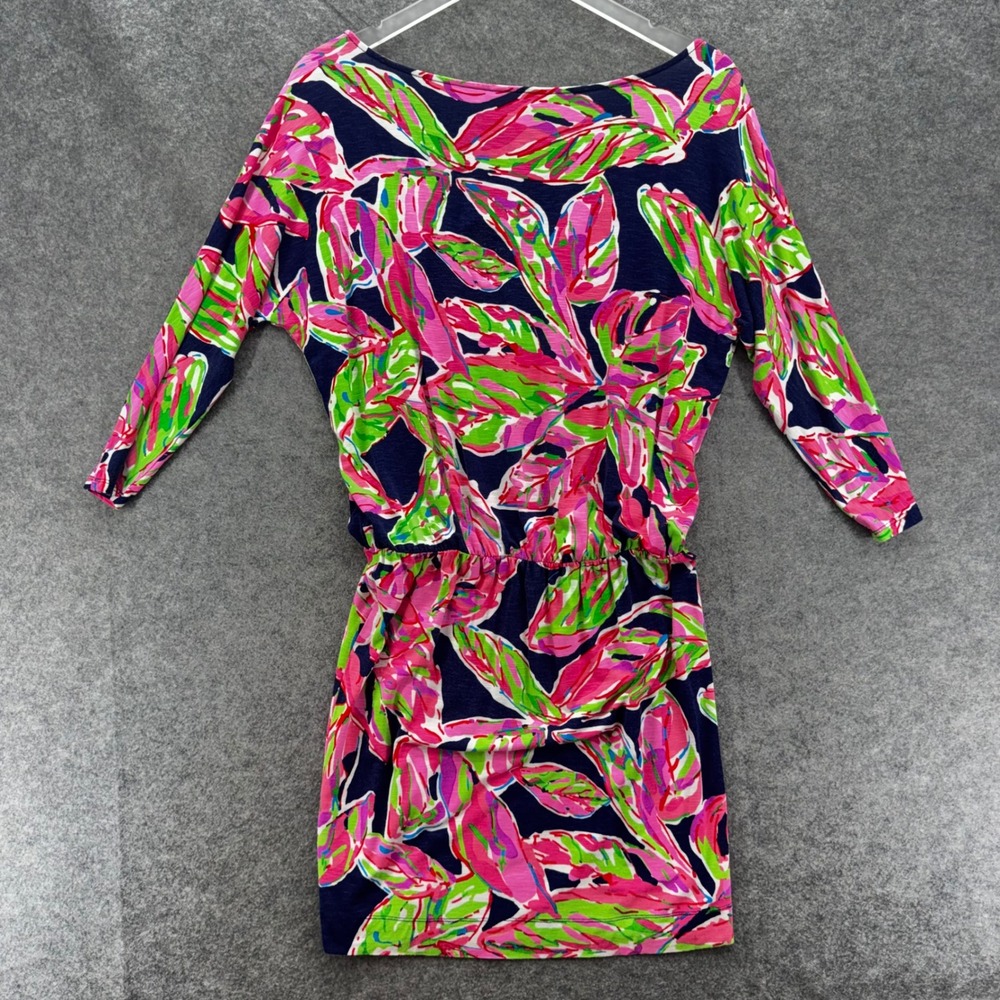 Lilly Pulitzer Cara In the Vias Mini Dress Size Small Pink Navy Palm Leaf Beach - Picture 6 of 10